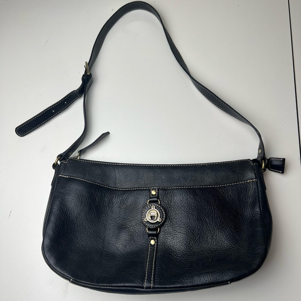 Vintage Black Etienne Aigner Leather Shoulder Bag With Brass Hardware